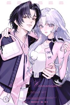 1boy 1girl absurdres artist_name bag black_choker black_eyes black_hair black_jacket black_skirt cardigan choker closed_mouth collared_shirt commission cowboy_shot dated grey_eyes grey_hair highres holding holding_bag jacket jewelry long_hair long_sleeves loobookk looking_at_viewer necklace open_cardigan open_clothes open_jacket original parted_bangs parted_lips pink_cardigan pink_shirt pleated_skirt shirt short_hair simple_background skirt watermark white_background white_shirt