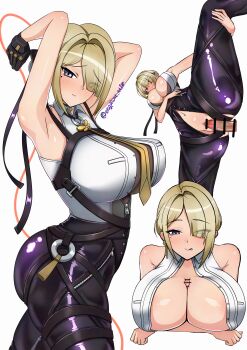 1boy 1girl absurdres armpits arms_under_breasts arms_up artist_name ass bar_censor black_pants black_ribbon blonde_hair breast_strap breasts censored chest_strap closed_mouth collared_shirt covered_erect_nipples crossed_legs embarrassed evelyn_chevalier eyebrows_hidden_by_hair eyes_visible_through_hair hair_ribbon high-waist_pants highres large_breasts latex latex_pants leg_up long_hair long_ribbon looking_at_viewer mole mole_under_eye multiple_views nasubi_atmark navel necktie open_clothes open_shirt paizuri pants penis purple_eyes pussy ribbon shirt signature sleeveless sleeveless_shirt smile solo standing strap thighs tight_clothes tight_pants tongue tongue_out vaginal white_background white_shirt yellow_necktie zenless_zone_zero