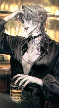 1girl absurdres alcohol bar_(place) belt black_belt black_choker black_lips black_nails black_pants black_shirt blurry blurry_background breasts chain chest_tattoo chilom choker cleavage collared_shirt counter cup drinking_glass ear_piercing grey_hair hand_on_own_head highres holding holding_cup korean_commentary large_breasts medium_hair open_clothes open_shirt pale_skin pants parted_lips path_to_nowhere piercing purple_eyes shirt shirt_tucked_in sitting solo tattoo zoya_(path_to_nowhere)