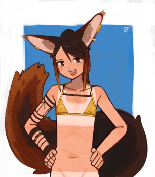 1girl animal_ear_fluff animal_ear_piercing animal_ears arm_tattoo artist_name bikini body_freckles brown_eyes brown_hair commentary dated english_commentary fang freckles hands_on_own_hips highres kart_prowler long_hair navel open_mouth original sidelocks simple_background smile solo squirrel_ears squirrel_girl squirrel_tail stomach swimsuit tail tan tanline tattoo teeth toskr_(kart_prowler) upper_teeth_only