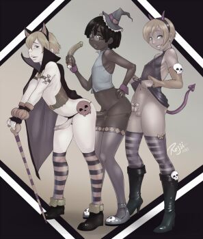3boys anal animal_ears blush boots crossdressing crossdressing_(mtf) dark_skin glasses highres horns male_penetrated multiple_boys rajii shota skull thighhighs trap trap_on_trap walking_cane yaoi