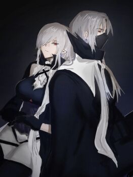 Rule 34 | 1boy, 1girl, arknights, black gloves, chinese commentary, closed mouth, commentary request, cowboy shot, earrings, expressionless, gladiia (arknights), gloves, grey hair, hair over one eye, jewelry, kaa kappa, long hair, long sleeves, looking at viewer, mask, mouth mask, no headwear, pointy ears, red eyes, ulpianus (arknights), very long hair