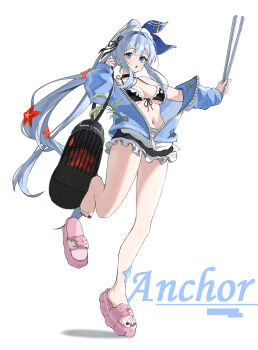 1girl :o absurdres anchor_(innocent_maid)_(nikke) anchor_(nikke) anchor_symbol bag bikini black_bikini black_collar black_ribbon blue_bow blue_eyes blue_hair blue_jacket blue_nails bow character_name collar commentary_request duffel_bag frilled_bikini frills front-tie_bikini_top front-tie_top goddess_of_victory:_nikke hair_bow hair_intakes hair_ornament hair_ribbon highres holding holding_tongs jacket jacket_partially_removed lingxing_spooradic long_hair long_sidelocks looking_at_viewer maid maid_bikini maid_headdress nail_polish pink_sandals ponytail ribbon sandals sidelocks solo standing standing_on_one_leg starfish_hair_ornament swimsuit toenail_polish toenails tongs unconventional_maid very_long_hair white_background