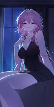 1girl alternate_costume arm_behind_back bare_shoulders breasts cleavage evernight_(honkai:_star_rail) hand_on_own_chest hand_up highres honkai:_star_rail honkai_(series) huhi_(huhi_1211) indoors long_hair looking_at_viewer march_7th_(honkai:_star_rail) parted_lips pink_hair red_eyes sitting smile solo thighs very_long_hair