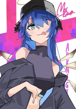1girl arknights bare_shoulders black_headwear black_jacket black_shirt blue_eyes blue_hair breasts chiriejjiyo closed_mouth commentary_request copyright_name covered_collarbone crop_top hair_over_one_eye halo highres horns jacket long_hair looking_at_viewer medium_breasts mostima_(arknights) off_shoulder one-hour_drawing_challenge open_clothes open_jacket shirt signature sleeveless sleeveless_shirt solo tongue tongue_out upper_body very_long_hair