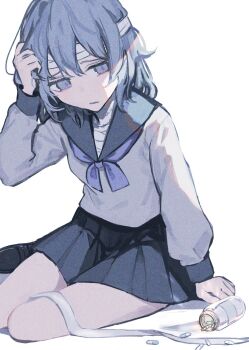 Rule 34 | 1girl, alt (apou), arm support, bandaged chest, bandaged head, bandages, black sailor collar, black shoes, black skirt, blue neckerchief, breasts, closed mouth, commentary request, full body, grey eyes, grey hair, hand in own hair, hand up, highres, juusan kihei bouei ken, long sleeves, looking down, medium hair, miniskirt, neckerchief, pill, pill bottle, pleated skirt, sailor collar, school uniform, serafuku, shinonome ryouko (juusan kihei bouei ken), shirt, shoes, sidelighting, simple background, sitting, skirt, small breasts, solo, white background, white shirt, yokozuwari