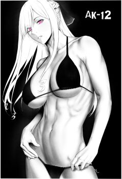 1girl absurdres ak-12_(girls&#039;_frontline) armpit_crease bikini black_bikini braid breasts commentary english_commentary girls&#039;_frontline grey_hair highres large_breasts long_hair looking_at_viewer midriff partially_colored ponytail purple_eyes sidelocks smolxeno solo swimsuit unusually_open_eyes white_hair