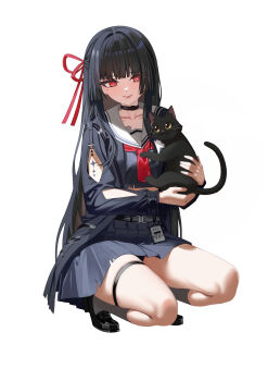 Rule 34 | 1girl, absurdres, animal, arm cutout, black cat, black choker, black hair, black serafuku, black shirt, black skirt, breasts, bright pupils, cat, chisa (wuthering waves), choker, closed mouth, clothing cutout, collarbone, commentary, hair ribbon, highres, holding, holding animal, kkyungkki, long hair, long sleeves, looking at animal, medium breasts, mole, mole under eye, neckerchief, red eyes, red neckerchief, red ribbon, ribbon, sailor collar, school uniform, serafuku, shirt, simple background, skirt, smile, solo, squatting, tacet mark (wuthering waves), thigh strap, thighs, white background, white pupils, white sailor collar, wuthering waves