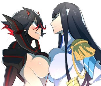 2girls angry bad_id bad_twitter_id black_hair blush breast_press breasts embarrassed female_focus frown junketsu kill_la_kill kiryuuin_satsuki large_breasts long_hair matoi_ryuuko multiple_girls nuezou scowl senketsu simple_background source_request standing symmetrical_docking upper_body white_background