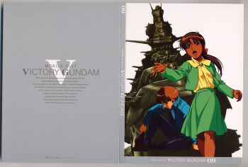 1990s_(style) 1boy 1girl absurdres adrastea-class_battleship artist_collaboration beam_cannon box_art brown_hair copyright_name dark-skinned_female dark_skin dress english_text gundam hair_ribbon highres ishigaki_jun'ya jacket landship machinery mobile_suit official_art ousaka_hiroshi radio_antenna reaching retro_artstyle ribbon robot running sad scan science_fiction shakti_kareen sitting spacecraft title traditional_media uso_ewin victory_gundam zanscare