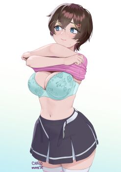 1girl absurdres artist_name belt black_skirt blue_bra blue_eyes bow bow_bra bra breasts brown_hair carlo_montie cleavage closed_mouth clothes_lift commentary commission cowboy_shot double-parted_bangs english_commentary glasses hair_between_eyes hair_ornament hairclip highres large_breasts legs_together lifting_own_clothes light_blush looking_to_the_side navel ohisashiburi_(style) open_belt original pink_shirt pleated_skirt raised_eyebrows rimless_eyewear round_eyewear shirt shirt_lift short_hair simple_background skirt solo standing sweat thighhighs underwear undressing white_background white_belt white_thighhighs