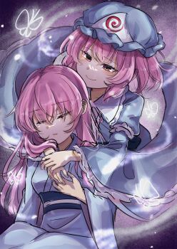 2girls blue_kimono bug butterfly caramel_umashi closed_eyes highres insect japanese_clothes kimono long_hair long_sleeves multiple_girls pink_eyes pink_hair saigyouji_yuyuko saigyouji_yuyuko_(living) short_hair touhou wide_sleeves