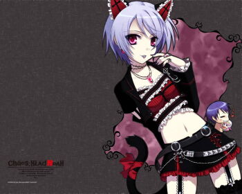 1boy 1girl animal_ears artist_request bad_link black_jacket black_skirt black_thighhighs cat_ears cat_girl celtic_cross chaos;head chibi chibi_inset collarbone corset cross cross_print detached_sleeves frilled_cat_ears frilled_corset frills garter_straps goth_fashion grin jacket jewelry kishimoto_ayase leather leather_jacket looking_at_viewer midriff miniskirt navel necklace official_art pendant poet_sleeves red_corset red_eyes red_frills red_trim science_adventure seira_orgel short_hair skirt smile thighhighs