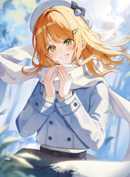 Rule 34 | 1girl, blonde hair, blue jacket, blush, commentary request, day, green eyes, grin, hair intakes, hands up, hat, highres, jacket, layered sleeves, long hair, long sleeves, looking at viewer, miyanami 3, original, outdoors, scarf, smile, solo, upper body, white hat, white scarf, winter clothes
