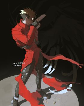 1boy black_pants blonde_hair boots bullet coat feathered_wings fingerless_gloves gloves gun handgun highres long_coat male_focus multicolored_hair pants red_coat revolver round_eyewear shesdeny trigun trigun_maximum two-tone_hair undercut vash_the_stampede weapon wings