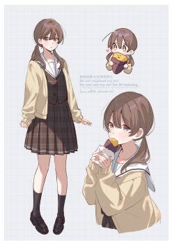 1girl black_socks blush brown_eyes brown_hair brown_shirt brown_skirt eating food food_in_mouth hanako151 heart highres holding holding_food jacket long_hair long_sleeves looking_at_viewer open_clothes open_jacket original roasted_sweet_potato sailor_collar shirt shoes simple_background skirt socks sweet_potato twintails white_sailor_collar
