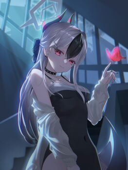 1girl absurdres black_nails blue_archive bow bowtie breasts bug butterfly choker chromatic_aberration commentary_request covered_navel ear_piercing fingernails grey_hair hair_between_eyes halo highres horns insect kayoko_(blue_archive) kayoko_(dress)_(blue_archive) light_smile long_fingernails long_hair looking_at_viewer medium_breasts multicolored_hair mya_lo off_shoulder open_clothes piercing red_eyes side_slit solo standing two-tone_hair very_long_hair window