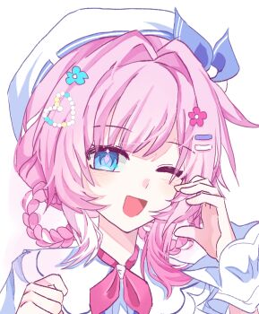 1girl ;o beret blue_eyes chinese_commentary commentary_request cyrene_(aedes_elysiae)_(honkai:_star_rail) cyrene_(honkai:_star_rail) hair_intakes hair_ornament hair_rings hairclip half-heart_hands hat honkai:_star_rail honkai_(series) looking_at_viewer official_alternate_costume one_eye_closed open_mouth pink_hair shaorui short_hair simple_background solo upper_body white_background