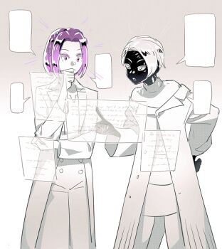 2others :o amethyst_(houseki_no_kuni) black_skin blank_speech_bubble bob_cut braid cairngorm_(houseki_no_kuni) closed_mouth coat colored_skin cowboy_shot dress floating_screen frown gradient_background grey_background hand_on_own_hip hand_up houseki_no_kuni long_sleeves looking_away multiple_others pants pointing purple_eyes purple_hair saiko67 short_hair speech_bubble sweater sweater_dress thinking turtleneck white_background white_coat white_dress white_pants white_skin white_sweater