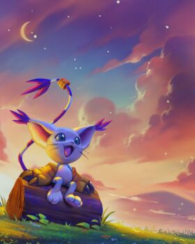 1other absurdres blue_eyes claws cloud crescent_moon digimon digimon_(creature) dusk fangs full_body furry gloves highres koriarredondo moon no_humans on_log open_mouth outdoors pawpads solo tailmon whiskers