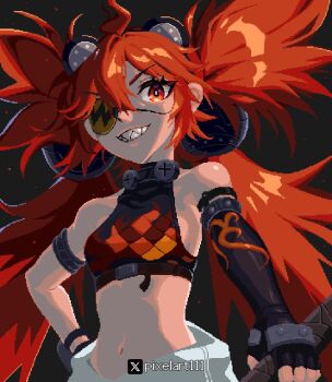 1girl ahoge animal_ears bare_shoulders bear_ears black_gloves breasts commentary_request crop_top eyepatch fake_animal_ears fingerless_gloves gloves hair_between_eyes hair_ornament holding koleda_belobog korean_commentary long_hair looking_at_viewer midriff navel original pants pixel_111 pixel_art red_eyes red_hair solo sphere_hair_ornament twintails zenless_zone_zero