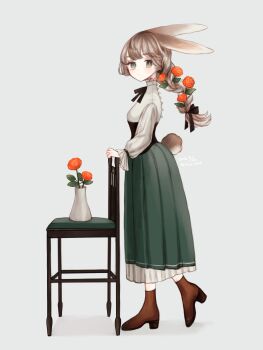 Rule 34 | 1girl, animal ears, black corset, black ribbon, boots, breasts, brown boots, brown hair, chair, closed mouth, commentary request, corset, dated, flower, from side, full body, green eyes, green skirt, grey background, hair flower, hair ornament, hair ribbon, hand on chair, high collar, highres, limo nine, long skirt, long sleeves, looking at viewer, medium breasts, neck ribbon, original, pleated skirt, rabbit ears, rabbit girl, rabbit tail, red flower, ribbon, shirt, signature, simple background, skirt, solo, standing, tail, underbust, vase, white shirt