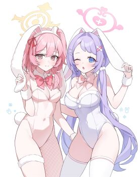 2girls ;o animal_ears asymmetrical_legwear bandaid bandaid_hair_ornament bare_shoulders blue_archive blue_eyes blush bow bowtie breasts cleavage commentary_request covered_navel detached_collar fake_animal_ears feather_hair fishnet_pantyhose fishnets fur-trimmed_leotard fur_thigh_strap fur_trim fur_wrist_cuffs groin hair_between_eyes hair_ornament hair_ribbon hairclip halo hanae_(blue_archive) hand_up highres holding korean_commentary large_breasts leotard long_hair looking_at_viewer low_twintails medium_hair miho_(mymiho) multiple_girls one_eye_closed open_mouth pantyhose pink_bow pink_bowtie pink_eyes pink_hair pink_halo playboy_bunny purple_hair rabbit_ears rabbit_tail red_ribbon ribbon serina_(blue_archive) simple_background smile strapless strapless_leotard swept_bangs tail thighhighs twintails white_background white_leotard white_thighhighs wrist_cuffs yellow_halo
