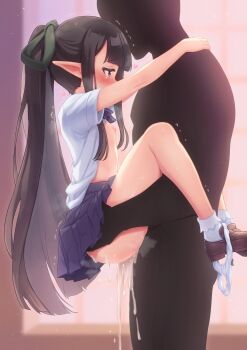 1boy 1girl absurdres black_hair commission cum hetero highres loli long_hair nipples open_clothes open_shirt panties panties_around_leg pointy_ears sen_no_rikyuu_(sengoku_bushouki_muramasa) sengoku_bushouki_muramasa sex skeb_commission skirt suspended_congress underwear variant_set zusshii_(libertasgenesis)