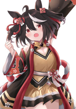 Rule 34 | 1girl, ahoge, animal ears, arm up, bare shoulders, black gem, black hair, blush, breasts, chanchanko (clothes), cleavage, cleavage cutout, clothing cutout, commentary request, detached sleeves, gem, hair between eyes, highres, horse ears, horse girl, kitasan black (crowning ooban) (umamusume), kitasan black (umamusume), kouhaku nawa, large breasts, looking at viewer, mochiki 2, multicolored hair, open mouth, red eyes, rope, shimenawa, short hair, solo, streaked hair, umamusume, white hair