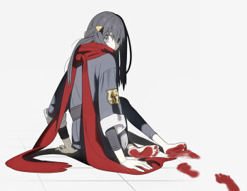 Rule 34 | 1girl, 987645321o, akari (pokemon), bags under eyes, barefoot, black hair, black leggings, blood, blood on clothes, blood on feet, blood on ground, bloody footprints, covered mouth, crossed legs, empty eyes, facing away, footprints, galaxy expedition team survey corps uniform, grey eyes, grey kimono, hair over one eye, hands on ground, highres, japanese clothes, kimono, leggings, looking back, looking to the side, medium hair, nintendo, on ground, parted bangs, pokemon, pokemon legends: arceus, ptsd, red scarf, scarf, scarf over mouth, sitting, sleeves rolled up, tile floor, tiles, turning head, white background