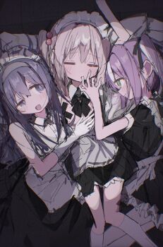 1boy 2girls 2mai84 :d arm_up bare_arms bare_shoulders black_bow black_bowtie black_hair black_ribbon blush bow bowtie closed_eyes commentary crossdressing crossdressing_(mtf) finger_in_another&#039;s_mouth girl_sandwich gloves green_eyes grey_eyes grey_hair grey_hairband hair_between_eyes hair_bobbles hair_ornament hair_ribbon hairband highres kneehighs long_hair lying maid maid_headdress male_maid multicolored_hair multiple_girls on_back on_side onii-chan_wa_oshimai! open_mouth puffy_short_sleeves puffy_sleeves purple_hair ribbon risachii_(onimai) sandwiched senkawa_minato shiori_(onimai) shirt short_sleeves side_ponytail single_hair_streak sketch smile socks streaked_hair trap two-tone_hair uneven_eyes white_gloves white_hair white_shirt white_socks wing_collar