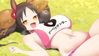 +_+ 1girl animal_ears black_hair buruma clothes_writing commentary_request commission fang hair_ornament horse_ears horse_girl kuresento long_hair looking_at_viewer lying marvelous_sunday_(umamusume) navel o-ring on_back on_ground open_mouth pink_buruma pink_sports_bra skeb_commission skin_fang solo sports_bikini sports_bra stomach twintails umamusume yellow_eyes