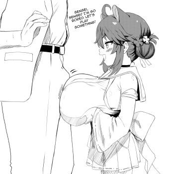 1boy 1girl ahoge animal_ears belt blue_archive breasts bulge detatched_sleeves english_text erection erection_under_clothes extra_ears greyscale hair_ornament highres huge_breasts jacket kaede_(blue_archive) large_breasts loli monochrome mrhunking oppai_loli paizuri ribbon rubbing sailor_collar sensei_(blue_archive) shirt simple_background sketch skirt sleeveless sleeveless_shirt standing teasing white_background