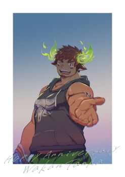 1boy absurdres animal_ears black_hoodie blush brown_eyes brown_hair casual commentary_request cow_boy cow_ears cow_horns english_text eye_black facial_hair fiery_horns forked_eyebrows glowing_horns goatee green_shorts happy_anniversary highres hood hoodie horns looking_at_viewer male_focus muscular muscular_male official_alternate_costume one_eye_closed open_mouth print_hoodie raised_eyebrows reaching reaching_towards_viewer short_hair shorts sleeveless sleeveless_hoodie smile solo spiked_hair teeth thick_eyebrows tokiniha_netai_(pm8sleepy) tokyo_houkago_summoners upper_teeth_only wakan_tanka