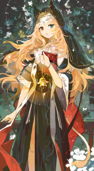 1girl :o alchemaniac animal_ear_hood archetto_(arknights) archetto_(glory_of_the_devout)_(arknights) arknights bell black_dress black_veil blonde_hair blue_eyes book bracelet cape chain dress fake_animal_ears feet_out_of_frame flower guimpe hand_up heterochromia high_collar highres holding holding_book holding_chain hood jewelry lion_tail long_dress long_hair looking_at_viewer official_alternate_costume official_artist_extra open_mouth outdoors red_cape red_eyes solo sparkle standing tail two-sided_cape two-sided_fabric veil white_flower wide_sleeves