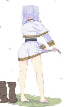 1girl ass barefoot boots capelet commentary dress elf frieren from_behind full_body grass grey_hair highres kaneko_ryou long_hair long_sleeves on_grass pointy_ears short_dress simple_background solo sousou_no_frieren standing thighs twintails unworn_boots wet wet_clothes wet_dress white_background white_capelet white_dress wringing_clothes wringing_dress