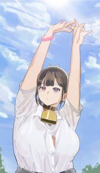 1girl absurdres animal_print arms_up bell blue_sky blunt_bangs borrowed_character breasts brown_collar brown_hair button_gap closed_mouth collar collared_shirt commentary_request cow_girl cow_horns cow_print cowbell day dress_shirt fake_horns futao_miruku_(riki) grey_shorts hairband highres horn_hairband horns large_breasts mole mole_under_eye neck_bell original outdoors pink_eyes shirt shirt_tucked_in short_sleeves shorts sidelocks sky solo tree upper_body white_hairband white_shirt wristband yu_ni_taro