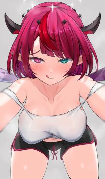 1girl :q absurdres black_shorts blue_eyes blunt_bangs bob_cut breasts cleavage dolphin_shorts double_halo double_strap_slip grey_background halo heterochromia highres hololive hololive_english horns irys_(hololive) large_breasts looking_at_viewer navel nobarts pink_eyes pointy_ears purple_hair reaching reaching_towards_viewer red_hair short_hair short_shorts shorts smile solo star_halo strap_slip tank_top tongue tongue_out virtual_youtuber white_tank_top