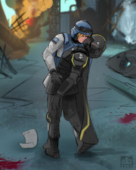 1girl absurdres ambiguous_gender armor black_gloves blonde_hair blood boots bulletproof_vest burning burning_building cape cityscape closed_eyes gloves goggles goggles_on_headwear helldiver_(helldivers) helldivers_(series) helmet highres kiss knee_pads lipstick_mark military_uniform ony01 paper pauldrons road rubble seaf_soldier_(helldivers) shoulder_armor signature skis smoke street v-j_day_in_times_square wrist_computer