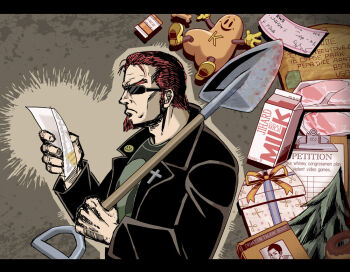 Rule 34 | border, clipboard, coat, dildo, donut, epic, food, gift, junk, medicine bottle, milk, postal (game), postal 2, postal dude, red hair, sex toy, shirt, shovel, steak, sunglasses, t-shirt, tagme, tree, trench coat, weapon