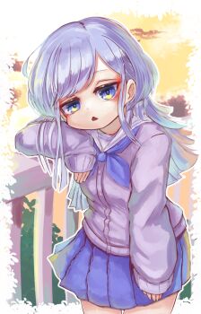 against_railing blue_eyes blue_hair blue_neckerchief blue_skirt cardigan commentary_request cowboy_shot dusk head_rest highres lapi-p long_hair looking_at_viewer mizuo_kurage neckerchief purple_cardigan railing sailor_collar school_uniform skirt sleeves_past_wrists someone_hertz triangle_mouth white_sailor_collar