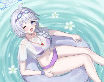 Rule 34 | 1girl, absurdres, ahoge, bikini, bikini under clothes, bikini visible through clothes, blue archive, blue halo, braid, breasts, cat080805, commentary request, eyewear on head, goggles, goggles on head, halo, highres, innertube, kirino (blue archive), kirino (swimsuit) (blue archive), long hair, looking at viewer, official alternate costume, purple bikini, see-through clothes, see-through shirt, shirt, single braid, solo, swim goggles, swim ring, swimsuit, wet, wet clothes, wet shirt, whistle, whistle around neck, white hair, white shirt