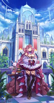 1girl absurdres black_boots boots braid breasts building cake cake_slice cleavage cup dress earrings food gloves highres jewelry large_breasts long_hair malice_evermore mimi_evernight phase_connect pink_hair pointy_ears purple_eyes tachikana teacup thigh_boots tiara virtual_youtuber white_dress white_gloves