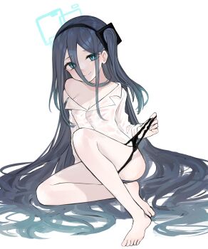 1girl absurdly_long_hair absurdres aqua_halo aris_(blue_archive) bare_legs barefoot black_hair black_hairband black_panties blue_archive blue_eyes blue_halo blue_pupils breasts cleavage closed_mouth collared_shirt convenient_leg dot_nose double-parted_bangs feet full_body hair_between_eyes hair_spread_out hairband halo hand_up highres ka_keo knee_up loli long_hair long_hair_between_eyes long_sleeves looking_at_viewer off_shoulder one_side_up panties panties_around_leg panty_pull pulling_own_clothes rectangular_halo seductive_smile shirt shirt_partially_removed side_ponytail simple_background single_bare_shoulder sitting sitting_on_hair small_breasts smile solo sparkling_eyes split_mouth toes underwear very_long_hair white_background white_shirt yokozuwari
