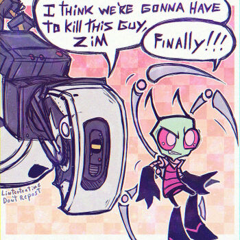 alien antennae bald cartoonized colored_skin crossover english_text glados green_skin i_think_we&#039;re_gonna_have_to_kill_this_guy_steven_(meme) invader_zim linterteatime looking_at_viewer meme no_humans pink_eyes portal portal_(series) portal_2 robot shirt smile toon_(style) zim_(invader_zim)