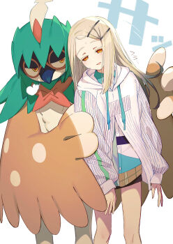 Rule 34 | 1girl, absurdres, bird, black skirt, blonde hair, blush, collared shirt, colored eyelashes, commentary request, decidueye, drawstring, feet out of frame, gakuen idolmaster, gen 7 pokemon, gradient hair, grey hair, hair ornament, hairclip, highres, hood, hood down, hoodie, idolmaster, long sleeves, looking at another, looking down, miniskirt, multicolored hair, nintendo, open mouth, owl, parallel hairclips, pokemon, pokemon (creature), puff of air, shinosawa hiro, shirt, skirt, standing, tamago sando, white background, white hoodie