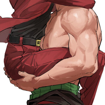 absurdres belt_buckle biceps buckle formal_clothes highres hug implied_yaoi lifting_person male_focus muscular muscular_male one_piece pectorals red_suit roronoa_zoro sanji_(one_piece) simple_background suit sweetdou3 topless_male white_background