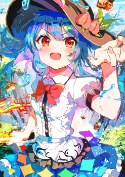 1girl absurdres blue_hair blue_skirt bow bowtie breasts brown_hat buttons center_frills collared_shirt commentary frilled_skirt frills hat hat_ornament highres hinanawi_tenshi holding holding_sword holding_weapon ibushi_roun leaf_hat_ornament long_hair looking_at_viewer open_mouth peach_hat_ornament puffy_short_sleeves puffy_sleeves red_bow red_bowtie red_eyes shirt short_sleeves skirt small_breasts solo sword sword_of_hisou touhou water water_drop weapon white_shirt