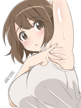 1girl absurdres armpits blush braid breasts brown_eyes brown_hair highres large_breasts looking_at_viewer luminous_witches open_mouth presenting_armpit shibuya_inori shirt short_hair simple_background solo sweat unkai_daraku white_background white_shirt world_witches_series