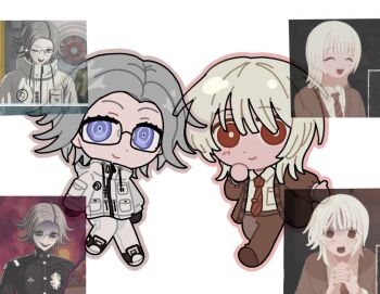 2boys aotsuki_eito blue_eyes brown_cardigan brown_pants cardigan chibi chinese_commentary collared_shirt commentary_request crossover dress_shirt full_body game_screenshot_inset glasses grey_hair jacket knee_up looking_at_viewer male_focus multiple_boys necktie pants red_eyes red_necktie saihate_eki screenshot_inset shirt short_hair smile streetwear tatsunami_shion the_hundred_line_-last_defense_academy- white_hair white_jacket white_pants white_shirt xinjinjumin407015475465
